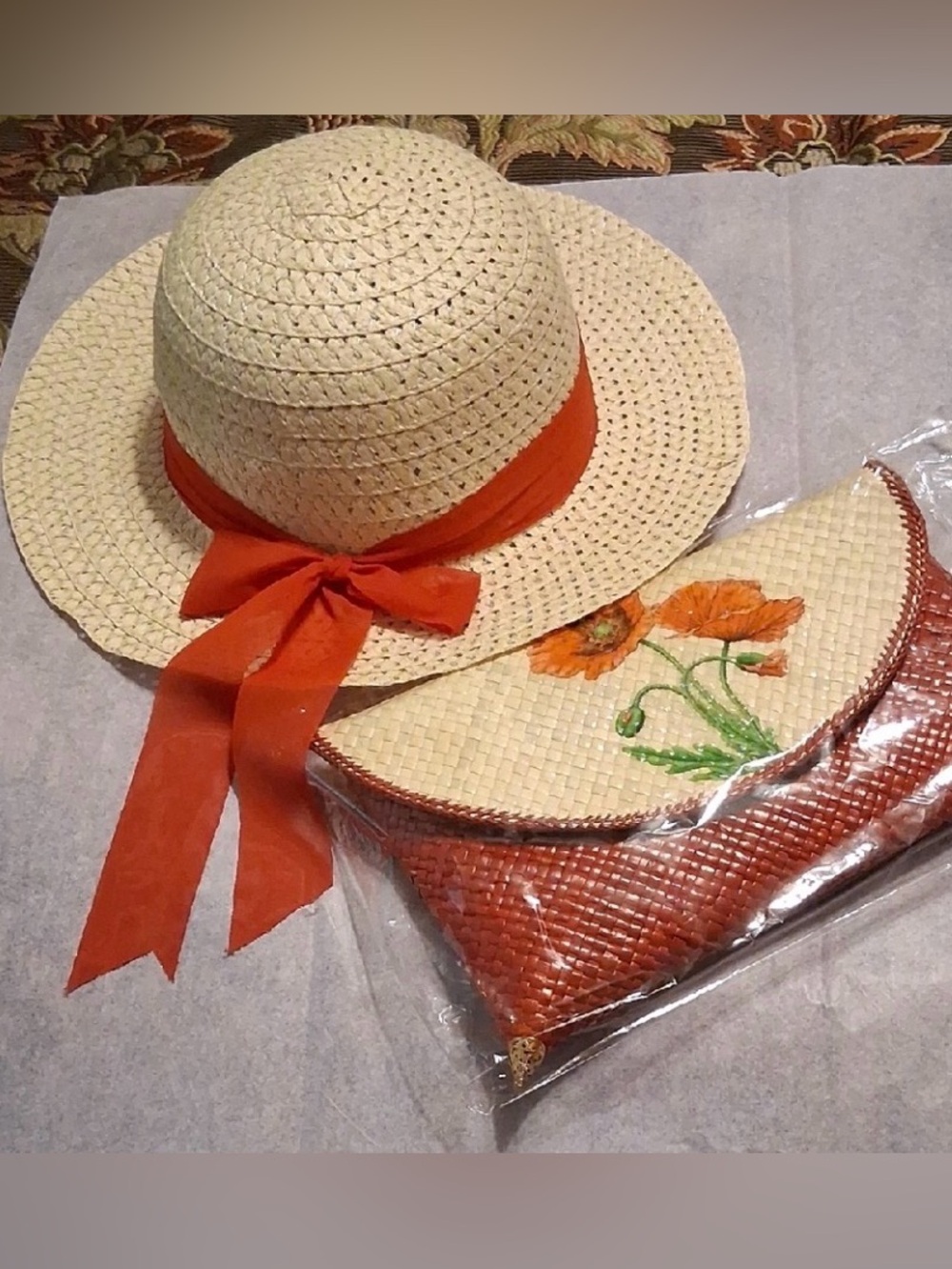 Straw Hat and Clutch Set with Red Accents
